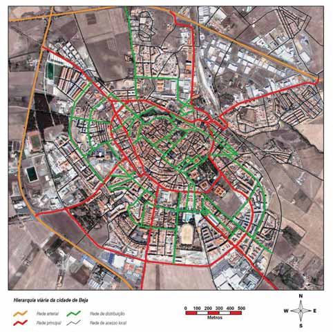 Figura 4-1 Hierarquia viária da cidade de Beja. Globalmente verificou-se uma boa estruturação da rede viária em termos de hierarquização.