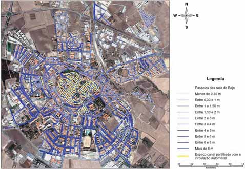 Figura 4-4 - Largura de passeio das ruas da cidade de Beja. Os materiais presentes no pavimento da faixa de rodagem na zona de estudo são essencialmente a calçada e o pavimento flexível em betuminoso.