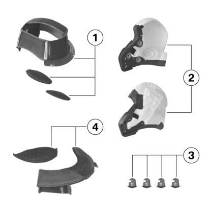 z Visão geral Revestimento interior 1 Forro interior, esponjas para a cabeça (amovível) 2 Segmentos da face, lados esquerdo/direito (amovíveis) 3 Pinos de substituição e bujões cegos para