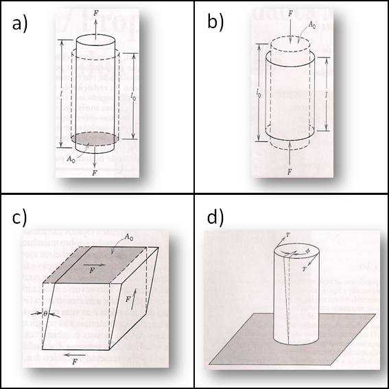 20 Figura 6: Ilustração esquemática da atuação das cargas ou forças gerando deformações. (a) ensaio de tração. (b) ensaio de compressão. (c) ensaio de cisalhamento. (d) ensaio de torção.