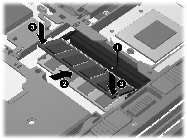 6. Insira um novo módulo de memória: CUIDADO: Para impedir danos no módulo da memória, segure-o apenas pelas extremidades. Não toque nos componentes do módulo de memória. a. Alinhe a extremidade dentada (1) do módulo de memória com a patilha na ranhura do módulo de memória.