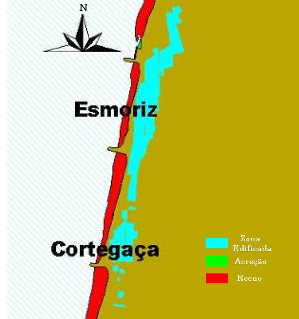 Fig. 10 Evolução da linha de costa em Esmoriz e Cortegaça entre 1978 e 1990 (Joaquim Barbosa, FEUP, IHRH) De forma a defender a costa foram construídas desde meados da década de 70 uma série de