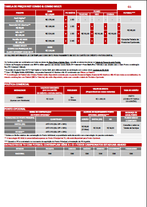 e Internet estarão disponíveis na Tabela de Preços,