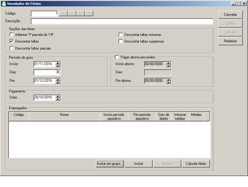 1. Folha 1.1. Simulador para Cálculo de Rescisão e Férias A partir dessa versão para o módulo Domínio Folha, foi implementada a opção para realizar a simulação dos cálculos de Rescisão e Férias.