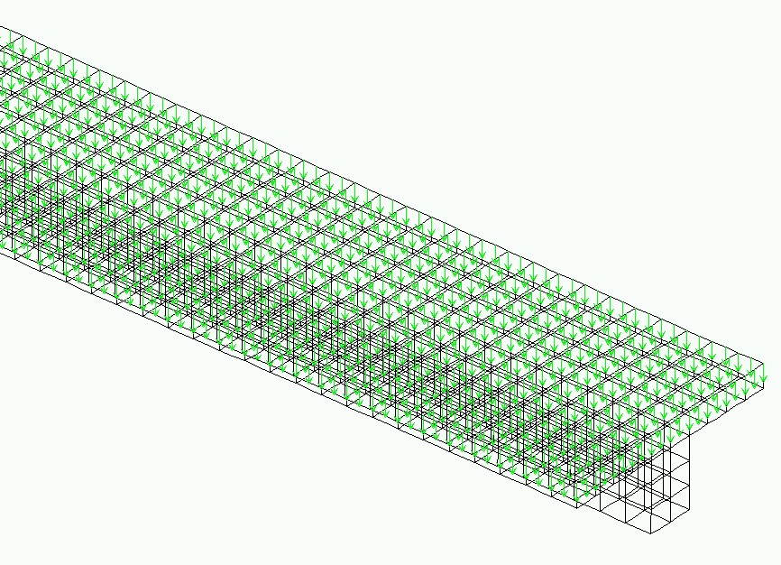 z global y global x global FIGURA 26 Viga Te tridimensional com carregamento uniformemente distribuído Com a estrutura calculada, foram obtidas as flechas na laje, as deformadas e as distribuições de