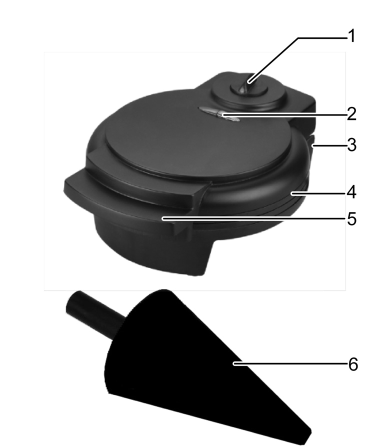 Oversigt over apparatet DK PT 1) Temperaturknap 2) Kontrollamper 3) Lysnetkabel (kan ikke ses på illustrationen) 4) Vaffelplader 5) Håndtag 6) Vaffelform Betjening Før du bruger apparatet for første