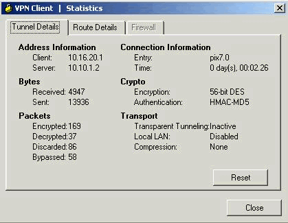 6. O VPN Client conecta-se ao PIX no site central. 7. Selecione Status > Statistics para verificar as estatísticas de túnel do VPN Client.