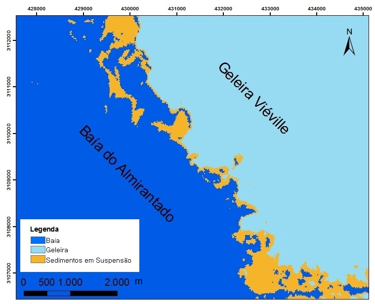 Pesquisas em Geociências, 42 (1): 61-71, jan./abr. 2015 Figura 8. Mapa mostrando a área de turbidez na água na zona frontal da Geleira Viéville.