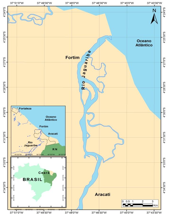 3 O Rio Jaguaribe (CE) deságua no Atlântico equatorial, em região caracterizada por praias arenosas com grandes campos de dunas que são movimentadas por ventos constantes (Figura 1).