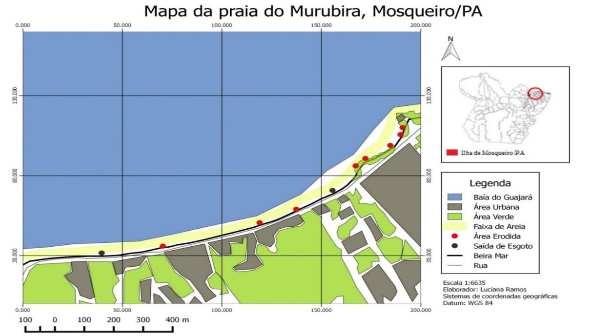 Elaboração do mapa. Para melhor ilustrar os pontos representativos identificados in loco, foi elaborado através do software QGis 2.8, um mapa da praia do Murubira, ilustrado na Figura 3.