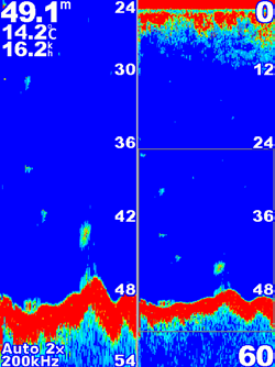 Utilizar a sonda Profundidade, temperatura e velocidade da água Profundidade, temperatura e velocidade da água Escala Escala da profundidade redimensionada Janela de zoom Escala Nível do zoom