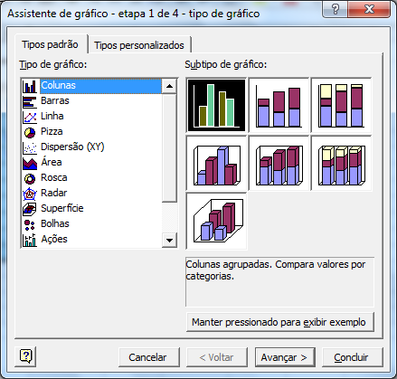 Gráficos Escolha Inserir Gráfico (ícone disponível na barra de ferramentas), será aberta a janela