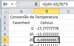 Exercício Conversão de Temperatura Observe que ao selecionar a célula B4 a fórmula exibida na caixa de