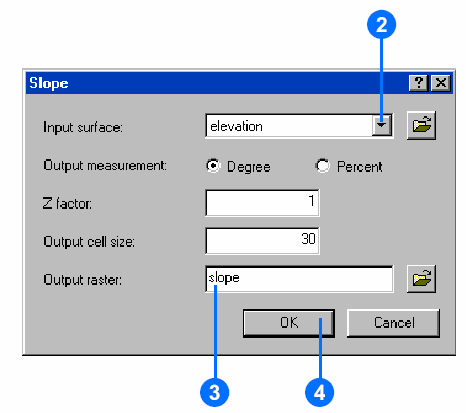 1. Clique no dropdown Spatial Analyst, aponte para Surface Analysys e clique sobre Slope. 2. No dropdown Input surface, selecione elevation. 3.