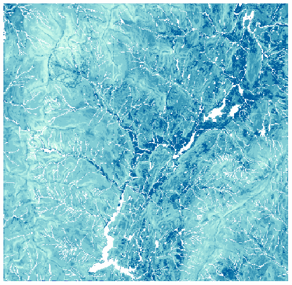 O resultado é acrescentado à no ArcMap. Locais com baixos valores identificam as áreas terão um menor custo para se construir a estrada. Eles são exibidos com coloração azul na figura abaixo. 6.