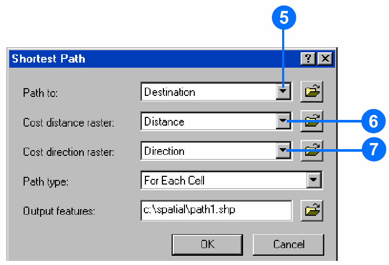 5. No dropdown da opção Path to (caminho para), selecione Destination. 6. No dropdown da opção Cost distance raster (distância de custo raster), selecione Distance. 7.