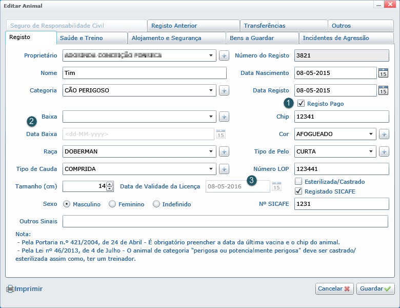 Registos/Licenças O submenu Registos/Licenças permite efetuar o registo de todo o processo de cada animal em sistema e as licenças de cada animal.