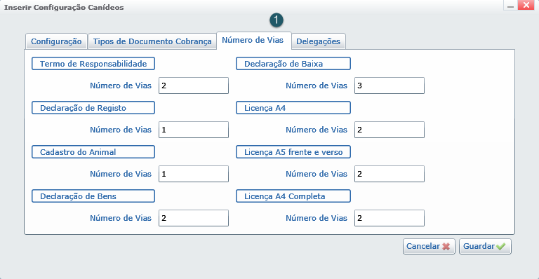 Separador de configuração dos vários tipos de documento usados para cada tipo de cobrança Esta configuração só é obrigatória quando a aplicação está configurada com a ligação a POCAL regime Geral.