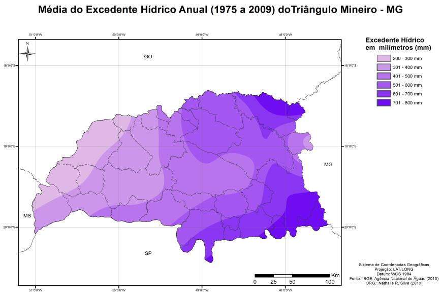 Figura 3: Mapa da média do Excedente Hídrico da área de estudo.