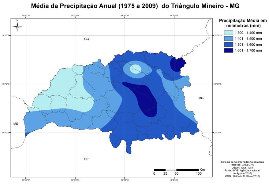 Figura 2: Mapa da Precipitação Média Anual da área de estudo A porção oeste do Triângulo Mineiro registrou os índices mais baixos (ilustrado pela cor azul mais clara), onde se localizam municípios