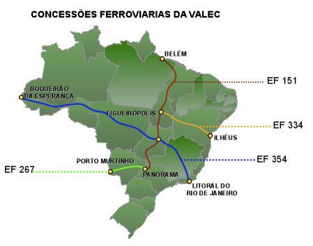 Mato Grosso do Sul, com 750 km; EF 334 Ferrovia da Integração Bahia-Oeste, que, partindo de Ilhéus, na Bahia, chega a Figueirópolis, no Tocantins, onde se liga à Ferrovia Norte-Sul, num total de 1.