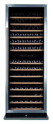 DBK: porta integralmente em vidro DSK: aro em RVS duas zonas de temperatura superior: 86 garrafas (75cl Bordeaux) inferior: 80 garrafas (75cl Bordeaux) prateleiras madeira controlo digital luz LED