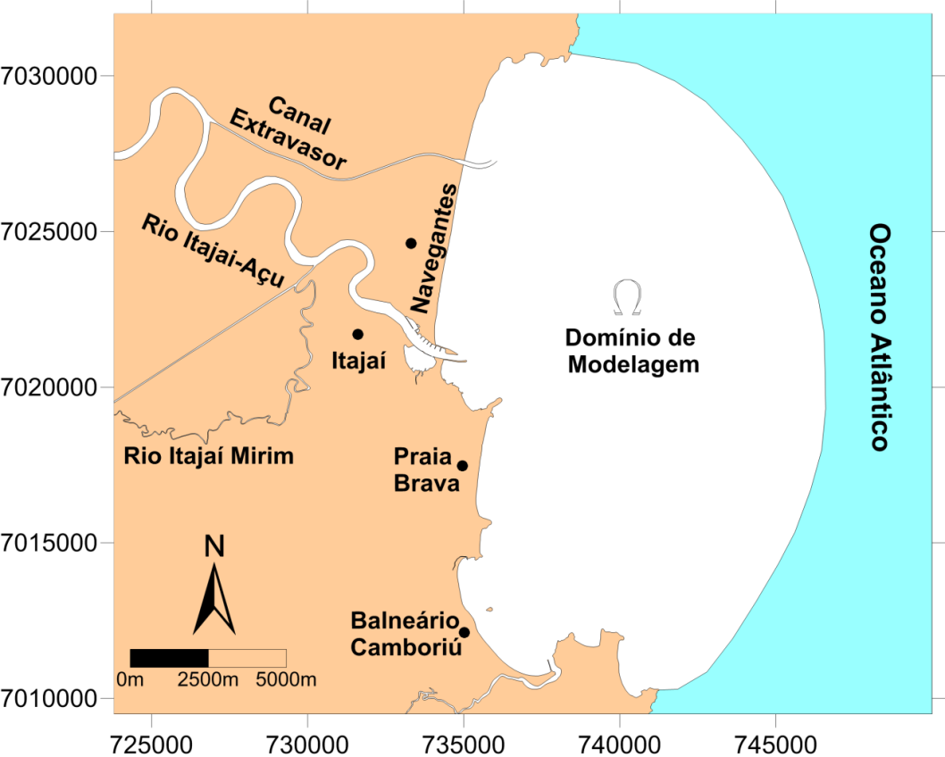 Figura 19 Domínio de modelagem referentes a condição hipotética com o canal extravasor (coordenadas: UTM / datum: WGS 84). 5.