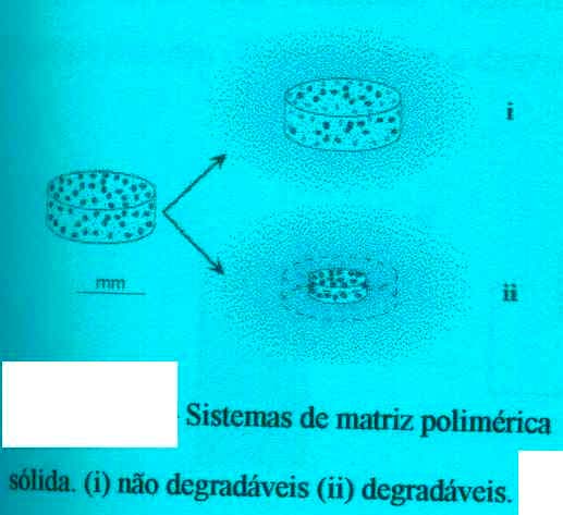 1b) sistema de matriz Sistemas de matriz polimérica sólida não degradáveis degradáveis Exemplo : dispersão de proteína (partículas sólidas) no interior de uma matriz sólida Forma de discos Matrizes