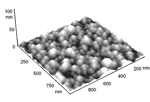 figura (3.2.2) são mostradas micrografias obtidas por AFM de camadas de CuNi com espessuras de 100 nm e 200 nm e rugosidade superficial de 6 e 13 nm, respectivamente. Figura (3.2.2): Micrografias obtidas por AFM de superfícies de filmes de CuNi com espessuras de a) 100 nm e b) 200 nm.
