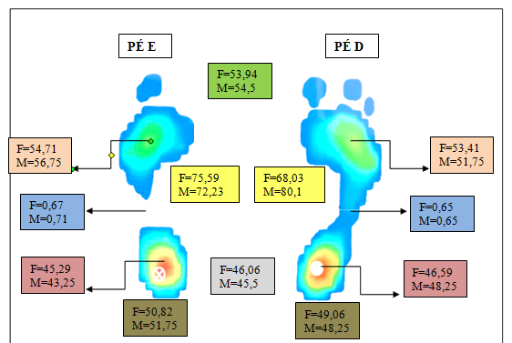 22 Figura 8. Médias das pressões e massas analisadas através da baropodometria em relação ao gênero com apoio unipodal e olhos abertos. Legenda: E=esquerdo; D=direito; F=feminino; M=masculino.
