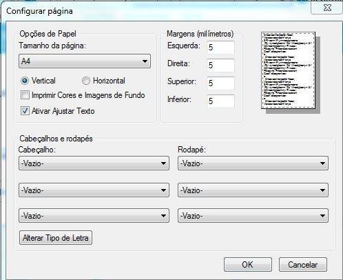 - Internet Explorer No Menu Ficheiro escolha a opção Configurar Página. Na nova janela, altere os valores das margens para 5.