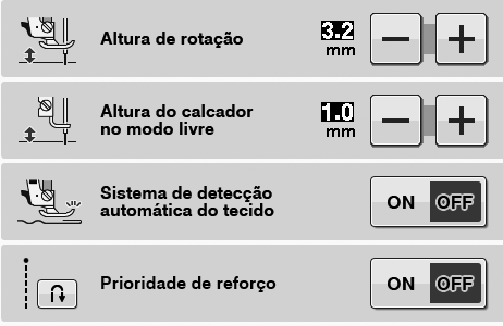 Recursos adicionados da versão 2.0 (Estes recursos estão disponíveis apenas para as funções de costura) Os seguintes recursos são adicionados com a atualização para a versão 2.0. (Esses recursos são adicionados mesmo que o KIT I não tenha sido ativado.