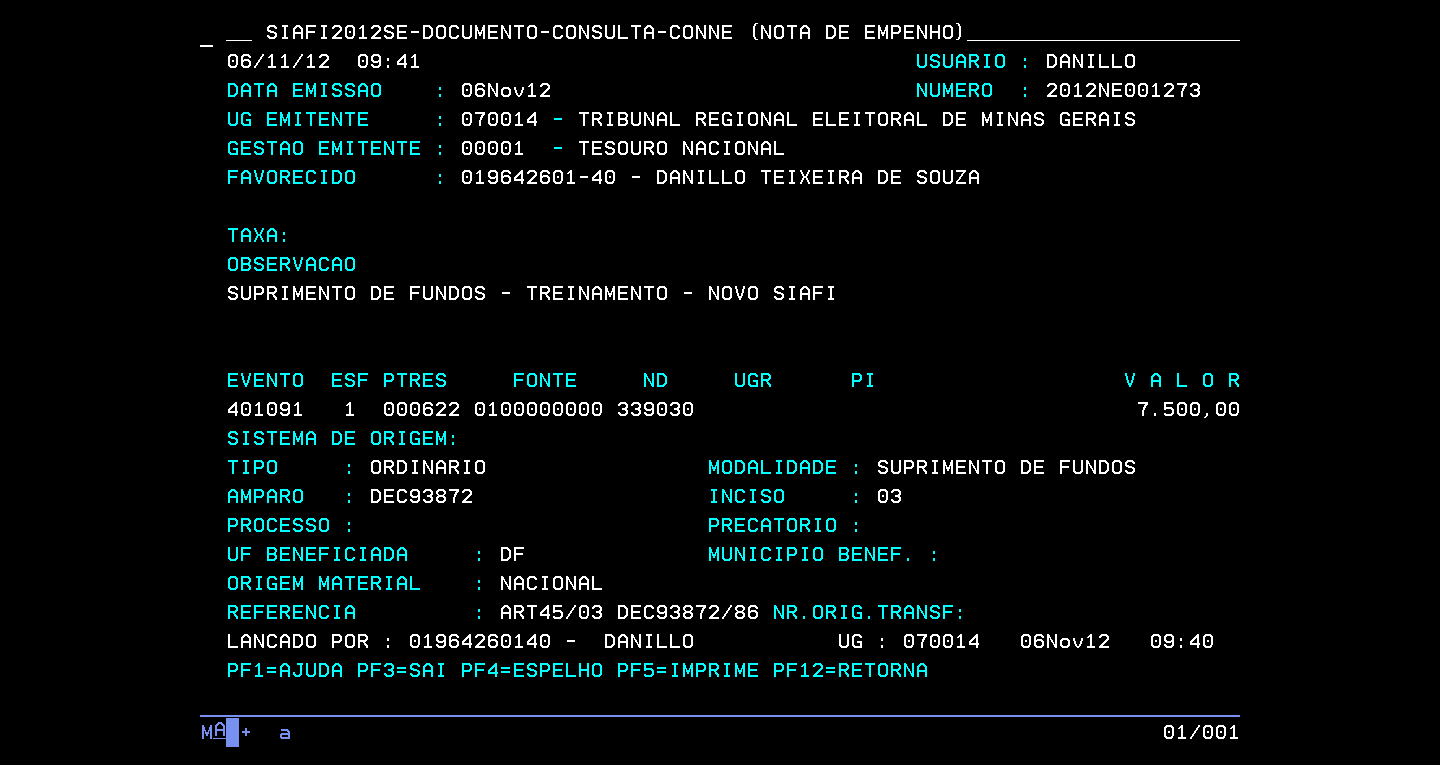 SUPRIMENTO DE FUNDOS modelo de NE 12 Obs.