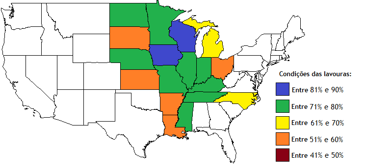 Condições de lavouras e balanço nos EUA Condições da safra de soja - boa/excelente (%) 80 75 70 65 60 55 50 45 31-mai 7-jun 14-jun 21-jun 28-jun 5-jul 12-jul 19-jul 26-jul 2-ago 9-ago 16-ago 23-ago