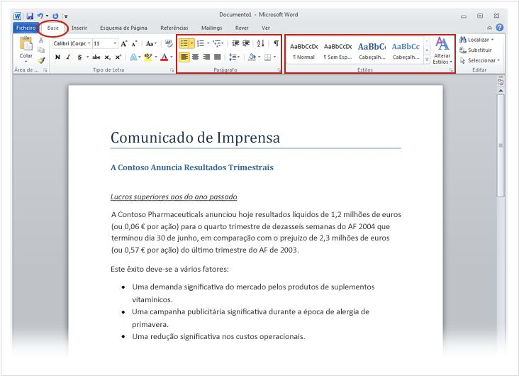 O comunicado de imprensa que está a escrever anuncia o resultado líquido e o preço por acção da Contoso Pharmaceuticals.