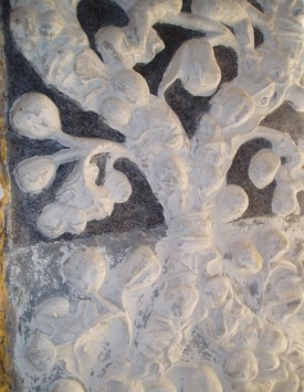 (a) Figura 4: Painéis de estuque da Charola do Convento de Cristo: (a) janela de sondagem sem a camada branca de pintura sobre o fundo escuro; (b) detalhe da transição entre zonas com e sem essa