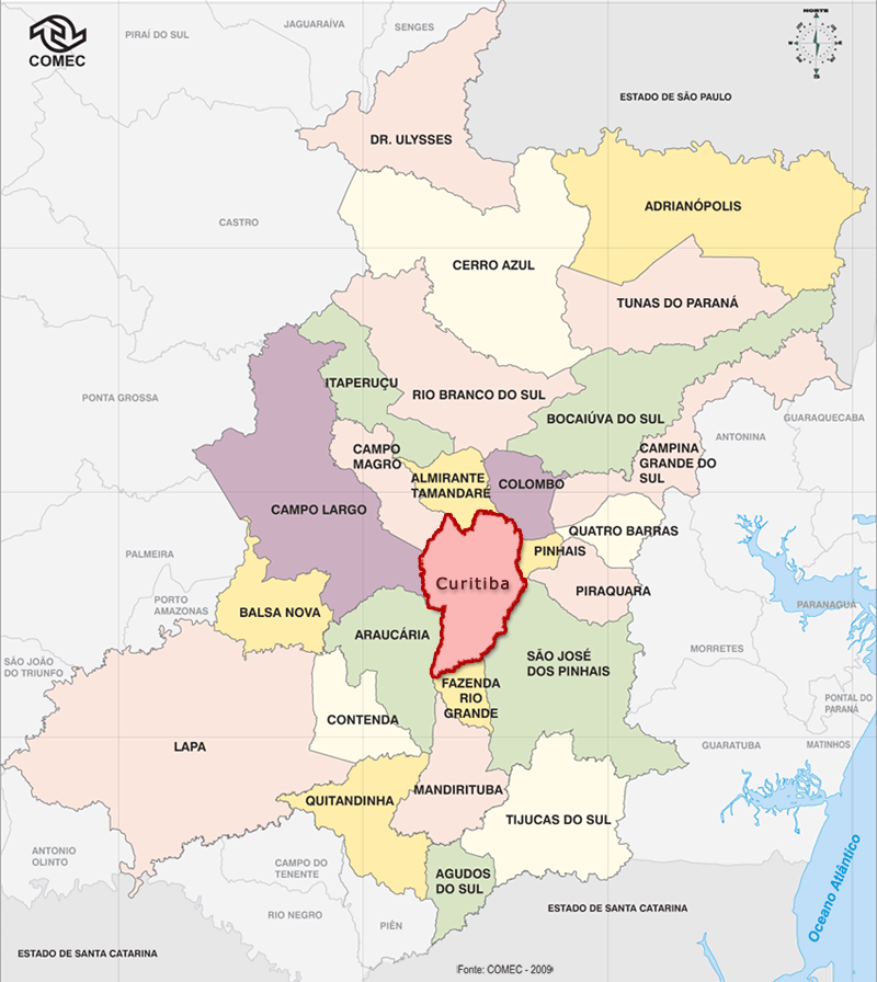 Figura 3.1.1 Mapa ilustrativo de Curitiba e Região Metropolitana Fonte: Comec/2009.