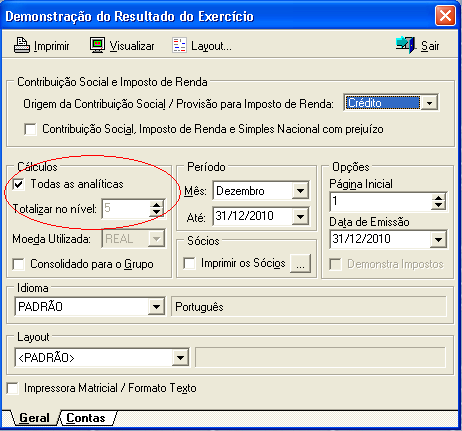 Ao tentar gerar o arquivo, caso o sistema exiba essa mensagem o usuário deve colocar o nível das contas na configuração da DRE (demonstração de resultados do exercício) e do Balanço patrimonial