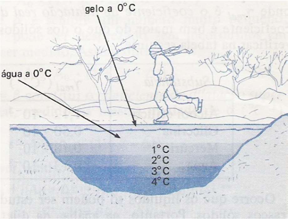 Este comportamento da água é a razão por que os lagos congelam de cima para baixo e não do fundo para a superfície Á medida que as