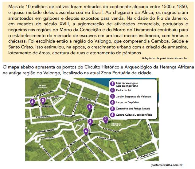 Resolução de Questões de Provas Específicas 1. (UERJ) O texto e o mapa remetem a vestígios deixados pelas relações escravistas na área central da cidade do Rio de Janeiro.