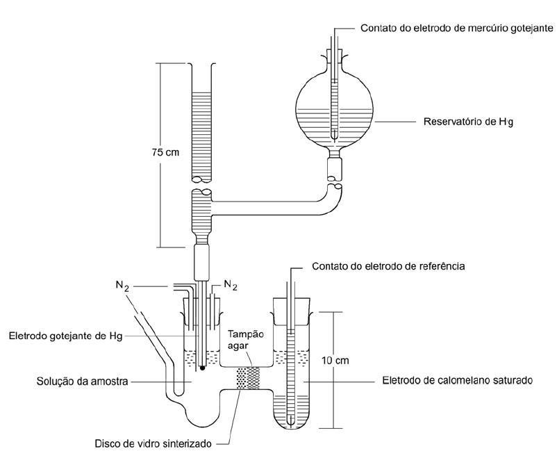 22 Figura 3: Mostrando coluna de mercúrio, eletrodo gotejante de mercúrio e eletrodo de calomelano saturado em célula em forma de H. Fonte: ALEIXO, 2003; p.8.