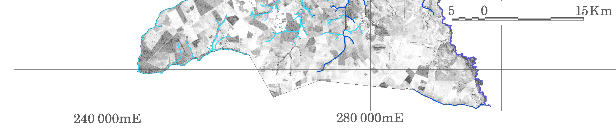 21 Figura 4.3 - Hidrografia de Costa Rica em azul, vetorializada sobre uma banda pancromática LANDSAT, com resolução espacial de 15m, ao fundo.