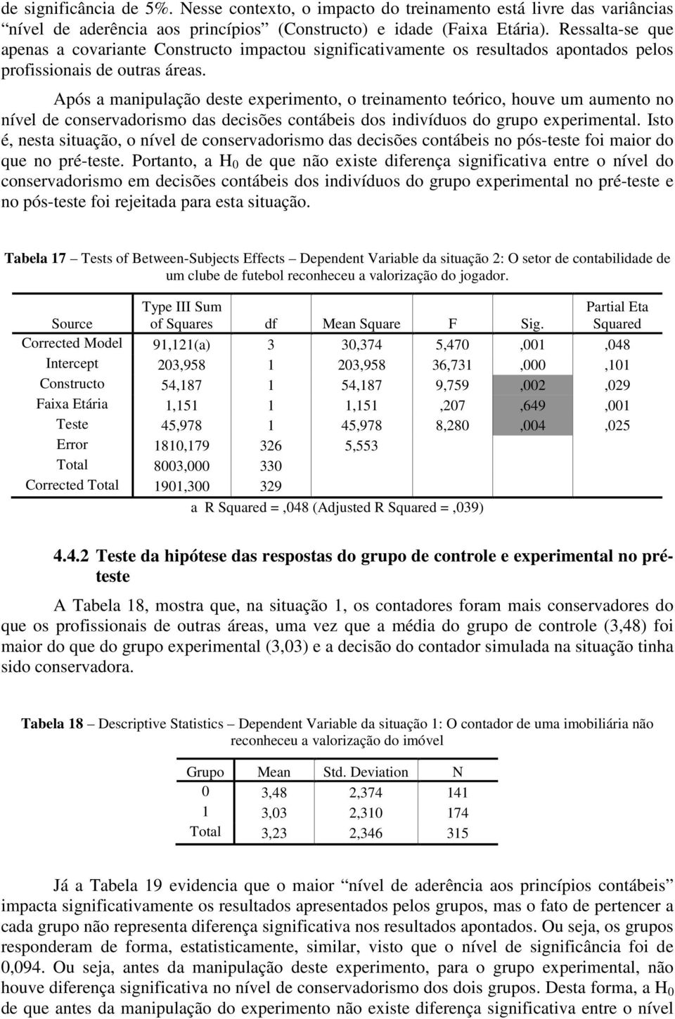 Após a manipulação deste experimento, o treinamento teórico, houve um aumento no nível de conservadorismo das decisões contábeis dos indivíduos do grupo experimental.