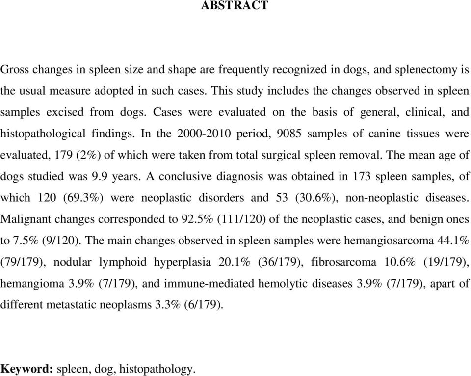 In the 2000-2010 period, 9085 samples of canine tissues were evaluated, 179 (2%) of which were taken from total surgical spleen removal. The mean age of dogs studied was 9.9 years.