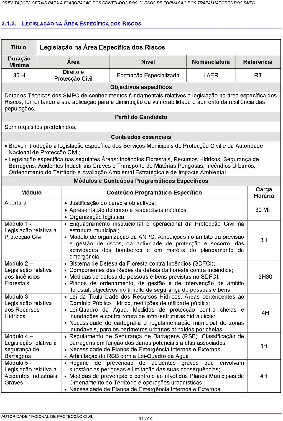 Breve introdução à legislação específica dos Serviços Municipais de Protecção Civil e da Autoridade Nacional de Protecção Civil; Legislação específica nas seguintes Áreas: Incêndios Florestais,