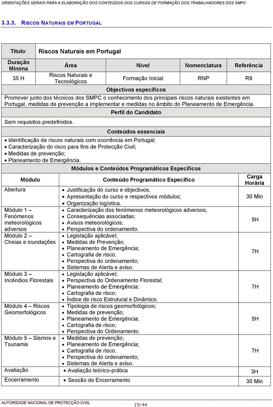 Identificação de riscos naturais com ocorrência em Portugal; Caracterização do risco para fins de Protecção Civil; Medidas de prevenção; Planeamento de.