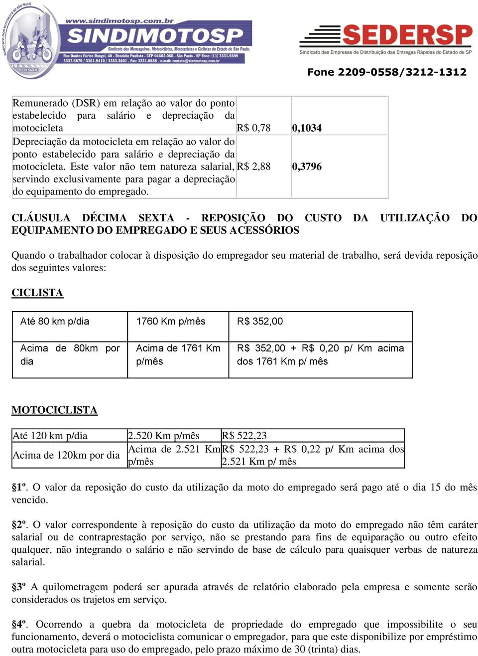 CLÁUSULA DÉCIMA SEXTA - REPOSIÇÃO DO CUSTO DA UTILIZAÇÃO DO EQUIPAMENTO DO EMPREGADO E SEUS ACESSÓRIOS Quando o trabalhador colocar à disposição do empregador seu material de trabalho, será devida