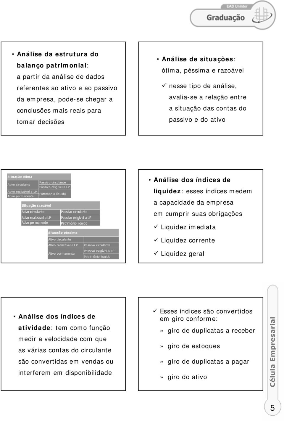 da empresa em cumprir suas obrigações Liquidez imediata Liquidez corrente Liquidez geral Análise dos índices de atividade: tem como função medir a velocidade com que as várias contas do