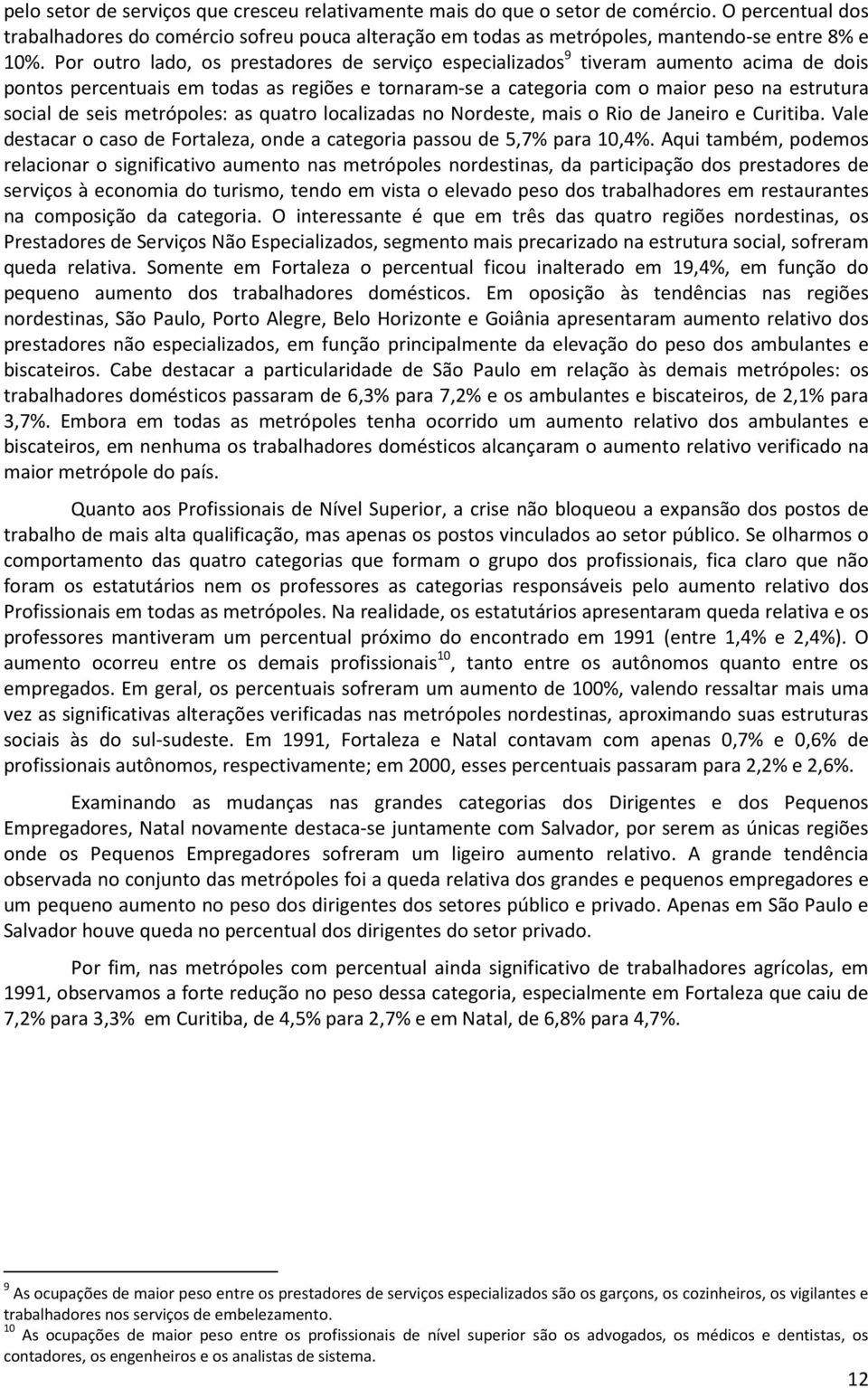 metrópoles: as quatro localizadas no Nordeste, mais o Rio de Janeiro e Curitiba. Vale destacar o caso de Fortaleza, onde a categoria passou de 5,7% para 10,4%.