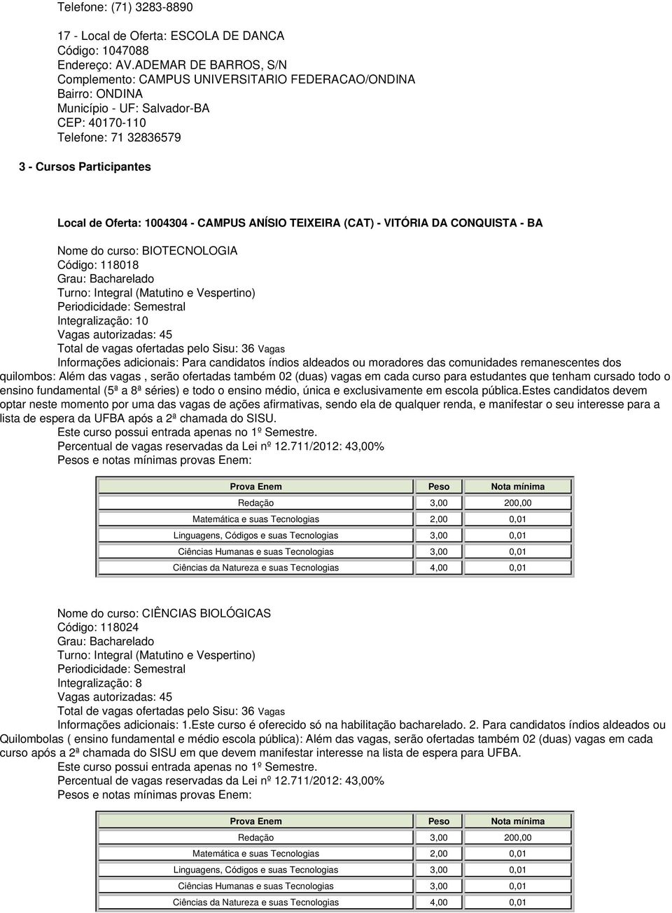 1004304 - CAMPUS ANÍSIO TEIXEIRA (CAT) - VITÓRIA DA CONQUISTA - BA Nome do curso: BIOTECNOLOGIA Código: 118018 Vagas autorizadas: 45 Total de vagas ofertadas pelo Sisu: 36 Vagas Informações